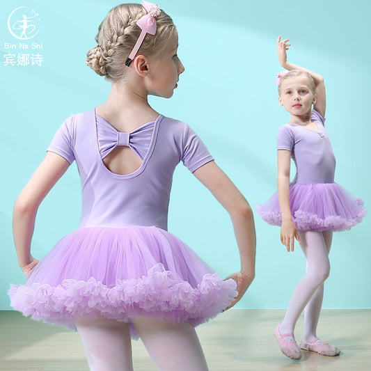 Children purple Ballerina Outfit  Girl cotton short sleeve Ballet Princess dress Dance Performance Clothing