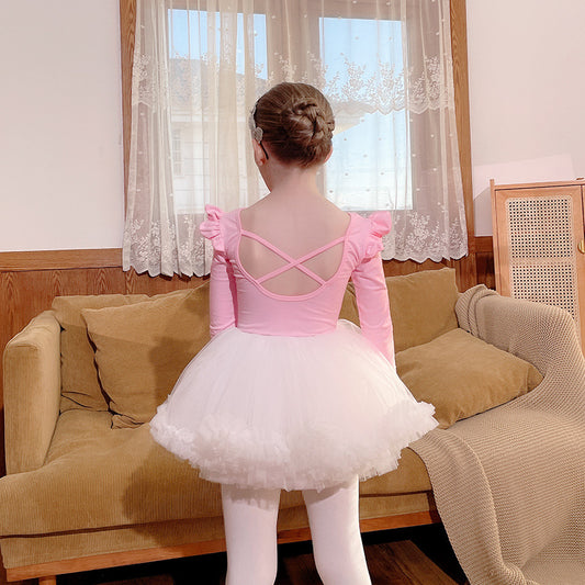 Flutter Sleeve girls Ballet Leotards with white gauze Skirt Detachable Dance Performance Clothing long/short sleve