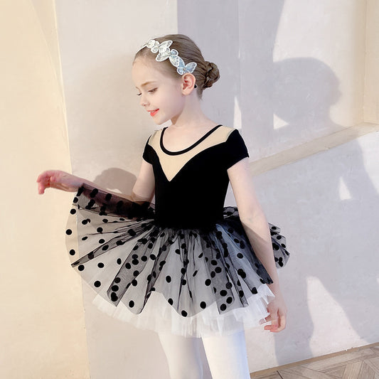 Black  Detachable dance dress for girls Long sleeve/short Dot Netting fabric back Ballerina Outfit kids tutu dress
