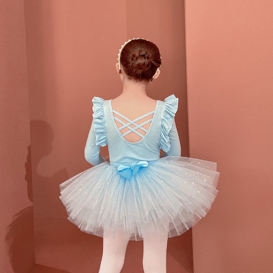 Sparkly chiffon Dance Dress for kids Detachable Tutu Dance Costume  Ballerina Outfit  Girls Flutter Sleeve Ballet Leotards