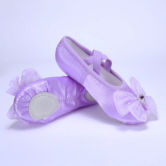 Purple satin dance shoes,sequined large bow ballet dancing shoes, girls' soft-soled cat claw shoes,cute performance shoes
