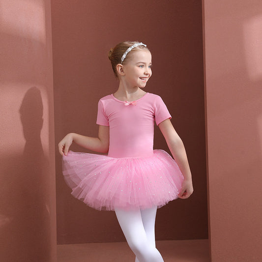 Pink girl ballet dress cotton kids leotard dance tutu skirt - Short-sleeved gymnastic outfit professional Tutu Outfit Ballerina