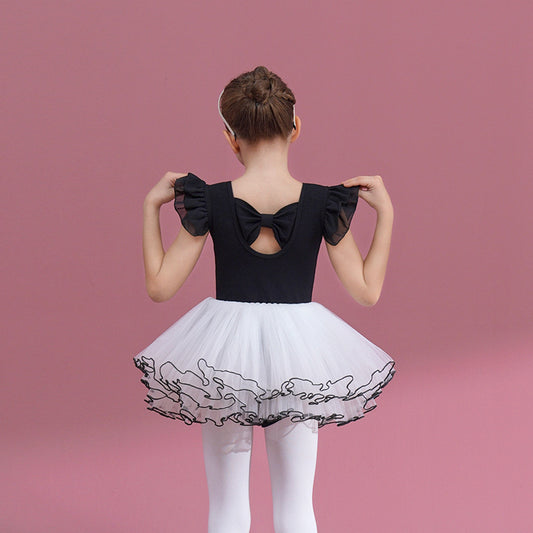 Black kids Ballet Leotards with white 4 layers of gauze white Skirt Detachable Tutu Dance Costume Flutter Sleeve cotton