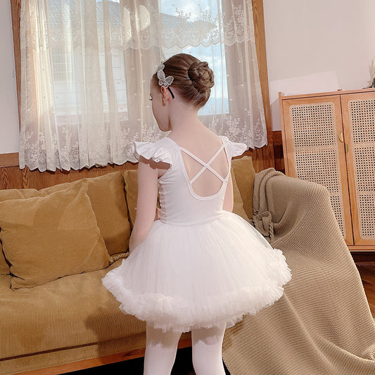 Bule Girls Flutter Sleeve Ballet Leotards with tutu Skirt Separate Detachable Tutu Dance Costume long/short Crisscross Back