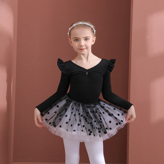 Black long-sleeved ballet dress suits for girls cotton kids leotards dance tutu skirt Crossed-back gymnastics suit