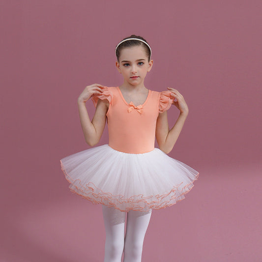 Orange High quality Butterfly Back kids dance dress Detachable Girl Ballet cotton Leotards with white tutu Skirt