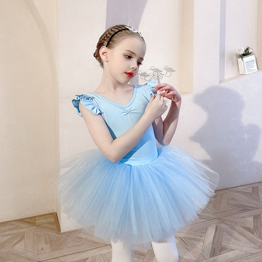 Girls blue Dance Clothes Kids Training Gauze Skirt Children's Ballet Wear Flying Sleeved Stage Performance Dress