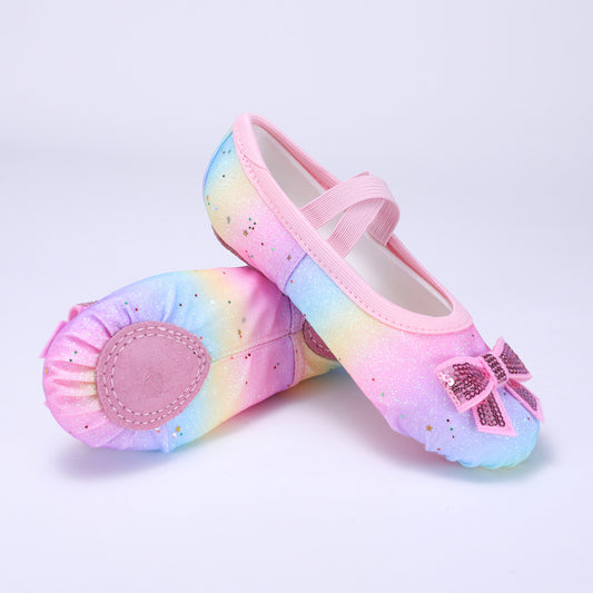 Cute soft-soled dance shoes, children's ballet shoes, rainbow-colored bow-tie soft-soled cat-claw shoes, anti-slip yoga shoes