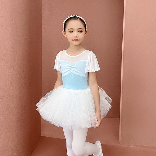 Princess Leotard Ballerinas Elegant Ruffle Short Sleeve Jumpsuit Gauze Front 2 Layers Girl Training Top Shine Sequin Tutu