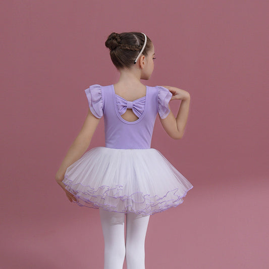 Girls Flutter Sleeve Ballet Leotards with white tutu skirt  Detachable kids Princess Dance Costume Butterfly Back