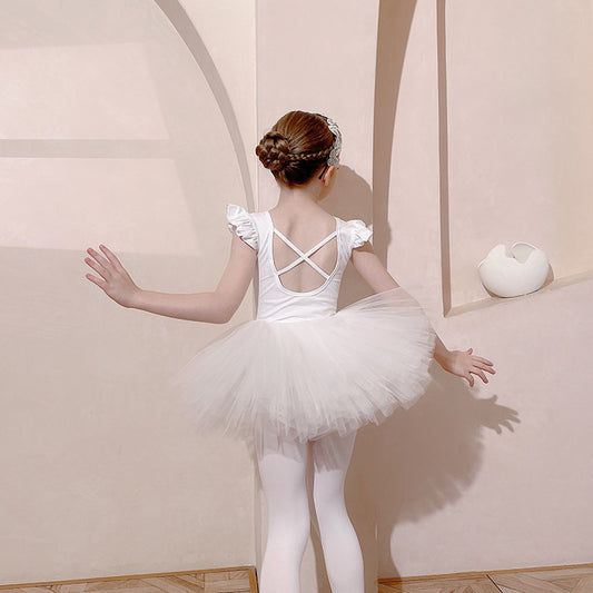 Ballerina Outfit for girls Detachable Tutu Dance Costume white/yellow cotton Performance Costume Crisscross Back Flutter Sleeve