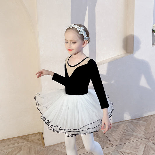 Black Little Swan Artistic Skate wears Girl Ballet Leotards with Gauze Skirt  Detachable Tutu Dance Costume Autumn and winter