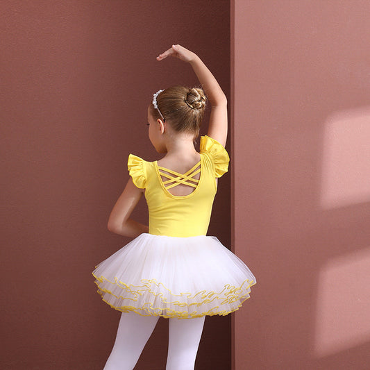 Yellow Elegance kids Ballerina Outfit Detachable Tutu Dance Costume  Ballet cotton Leotards with white tutu Skirt