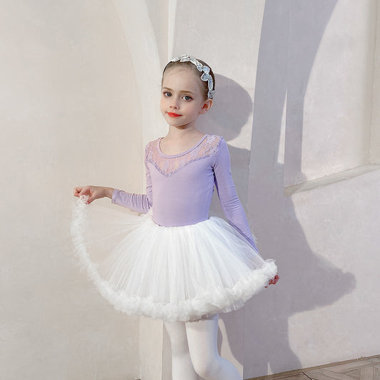 Lace strapless for girl ballet leotard+white skirt- long-sleeved kids' gymnastics suit / Performance Costumes Solid/Training Dress