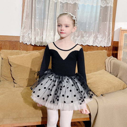 Black Dots Girls Training Skirt Children's Dance Clothes Grading Split Ballet Dress Kids Leotard For Gymnastics Long Sleeve Soft