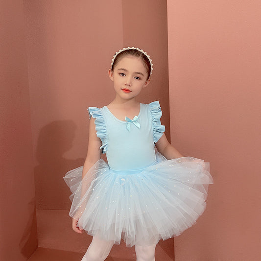 Children dance dress Wood ear blue cotton fabric Detachable Girl Ballet Leotards with tutu Skirt