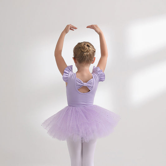 Children sparkly chiffon Dance Dress Separate Detachable Tutu Dance Costume cotton short/long sleeve risscross Back