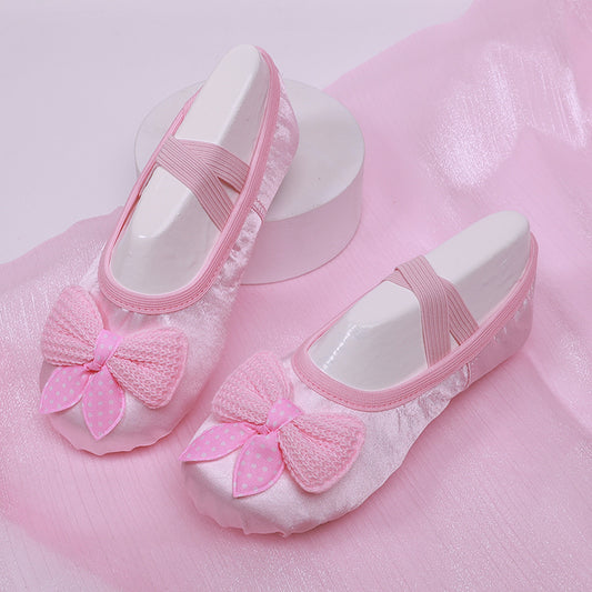 Two-bottom anti-slip kids' dance shoes girls pink ballet-style soft-soled shoes children bowknot soft-soled shoes