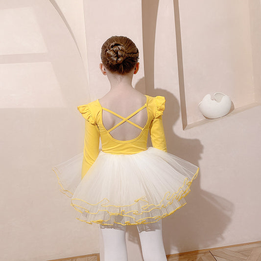 High-quality yellow children Ballet dress Detachable set  Dance cotton Leotards with white Skirt