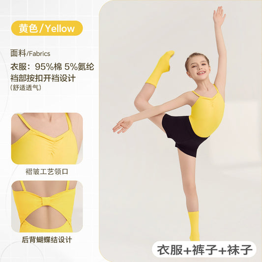 Kids dance Costume set girls cotton Sling  Leotards +black shorts+Anti-slip socks three pieces detachable Dance Costume