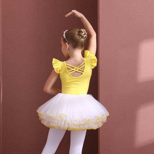 Yellow Elegance kids Ballerina Outfit Detachable Tutu Dance Costume  Ballet cotton Leotards with white tutu Skirt
