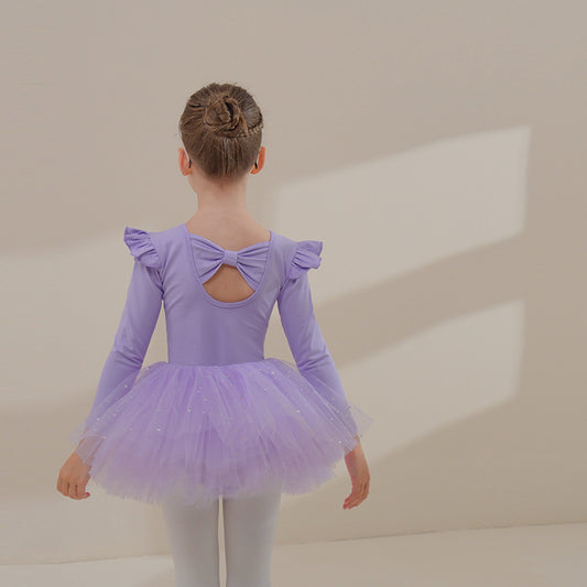 Sparkly chiffon Dance Dress for girls Dance Performance Clothing Detachable Tutu Dance Costume for kids cotton long sleeve