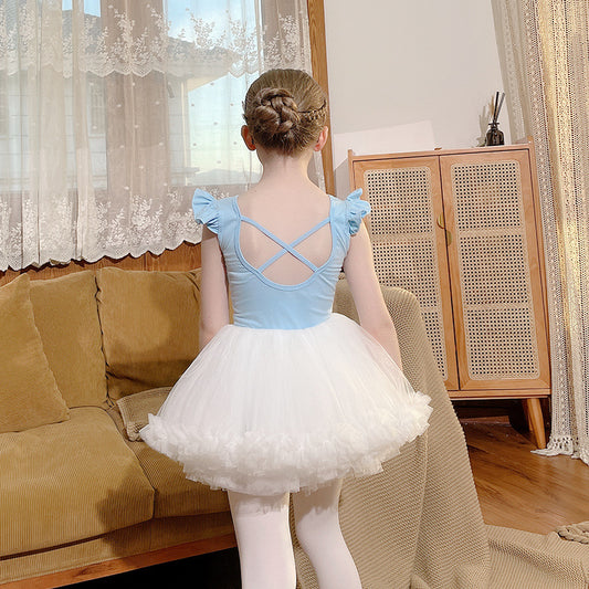 Bule Girls Flutter Sleeve Ballet Leotards with tutu Skirt Separate Detachable Tutu Dance Costume long/short Crisscross Back