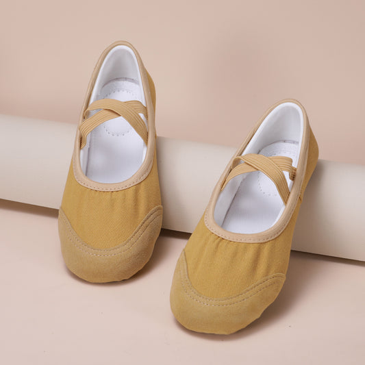 Sheepskin head camel color dancing shoes, leather head ballet shoes,kid's anti-slip dancing shoes,soft-bottom cat claw shoes