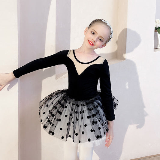 Black  Detachable dance dress for girls Long sleeve/short Dot Netting fabric back Ballerina Outfit kids tutu dress