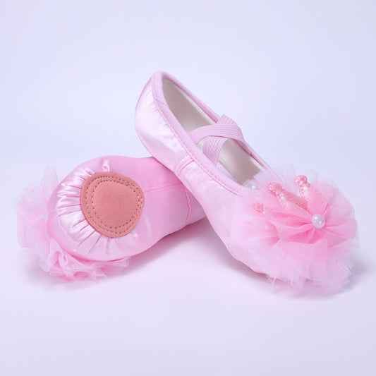 Lace flower dancing shoes, kids' pink ballet shoes, anti-slip dancing shoes, purple soft-soled performance shoes, girl's cat claw shoes