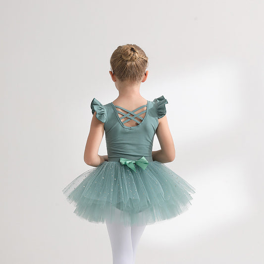 Green Girl Ballet Leotards with Netting fabric Skirt Crisscross Back  kids Detachable Tutu Dance Costume cotton