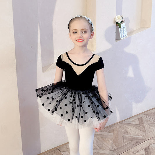 Black  Detachable dance dress for girls Long sleeve/short Dot Netting fabric back Ballerina Outfit kids tutu dress