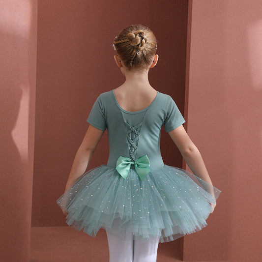 kid's dance costumes short-sleeved green girls' leotards Pure cotton sequined 4-layer chiffon tutu skirt gymnastics clothing