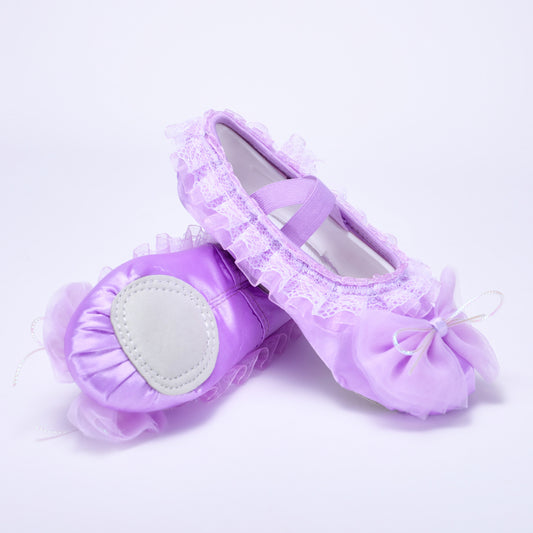 Purple performance dance shoes, children's lace ballet shoes, two-heel anti-slip cat-claw shoes, soft-soled shoes