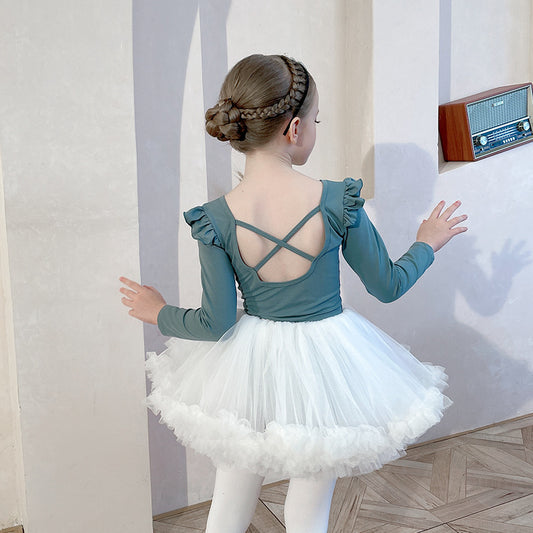 Girls Ballet Tutu Skirt green kid's Jumpsuit Training Clothes Leotard For Gymnastics Skate Princess Long/short Sleeve Top