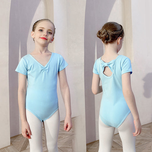 Children's dance costumes Girls' light blue pure cotton practice dress - White chiffon skirt-Performance Costumes Solid