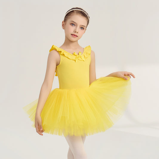 Girl Ballet Leotards with sleeveless yellow cotton kids Ballerina Jumpsuit Dance Performance Clothing Crisscross Back