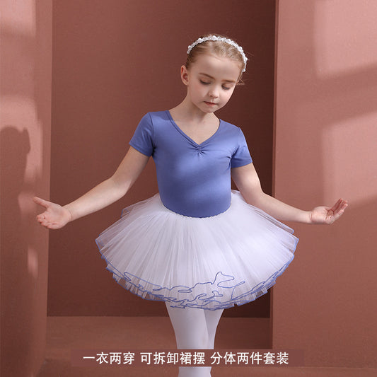 Blue children's ballet dress Knowkot Back short/long sleeve Girl Ballet Leotards with white Gauze Skirt  Detachable sets