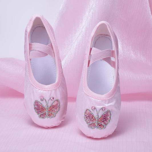 Butterfly embroidery dancing shoes, pink children's soft-soled shoes, girls' anti-slip ballet cat-ear shoes