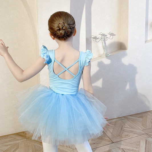 Girls blue Dance Clothes Kids Training Gauze Skirt Children's Ballet Wear Flying Sleeved Stage Performance Dress