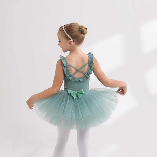 Green bare back kids Sparkly chiffon Dance Dress Detachable Tutu Dance Costume for girls  Ballerina Outfit