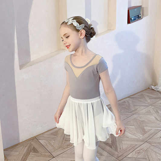 High quality Girl Grey Ballet Leotards with white chiffon dance Skirt  kids Detachable Dance Costume Training Performance Costume