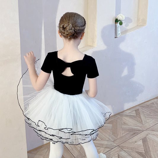 Girl Dresses Flutter Sleeve Leotard bow tie Back 4 Layers Fluffy Tutu Skirt  Gymnastics Skate Ballet Classic
