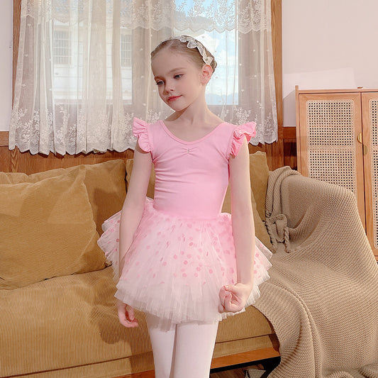 Premium Pink children Performance Costume Girl Ballet Leotards with Dot Gauze Skirt two pieces sets dance Costume