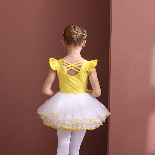 Yellow Elegance kids Ballerina Outfit Detachable Tutu Dance Costume  Ballet cotton Leotards with white tutu Skirt