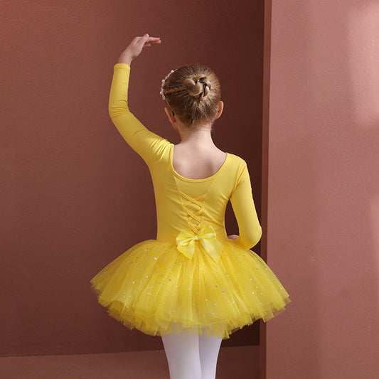 Kid's dance costumes Long-sleeved girls' practice dress for ballet - Pure cotton yellow ballet dress fitness clothing