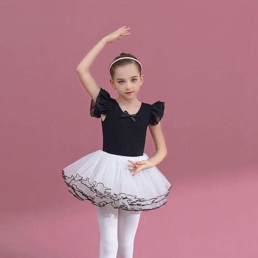Black kids Ballet Leotards with white 4 layers of gauze white Skirt Detachable Tutu Dance Costume Flutter Sleeve cotton