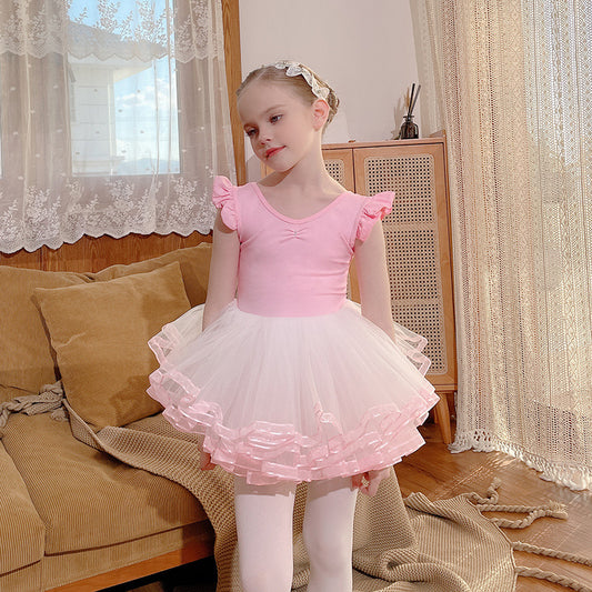 Pink  Dance Costume for children cotton Ballet Leotards with white tutu Skirt detachable dance Performance Costume