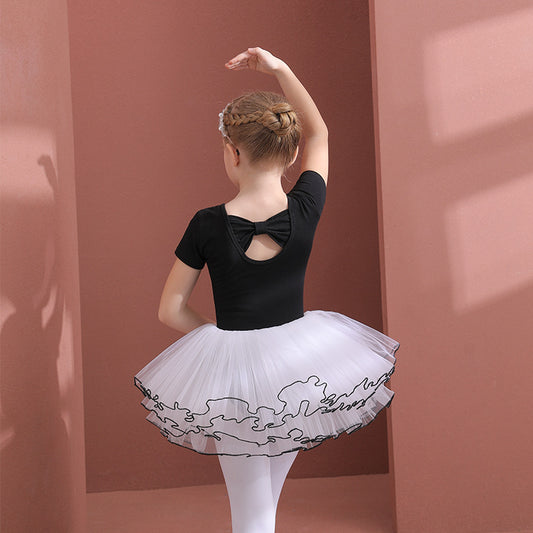 kids Ballerina Outfit  Detachable Tutu Dance Costume Girls Ballet Gauze Dress cotton Short/Long Sleeve black