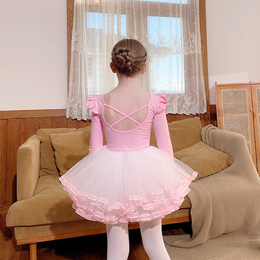 Long sleeve children ballet Princess dress Autumn and winter pink Detachable dance Leotards with Gauze Skirt